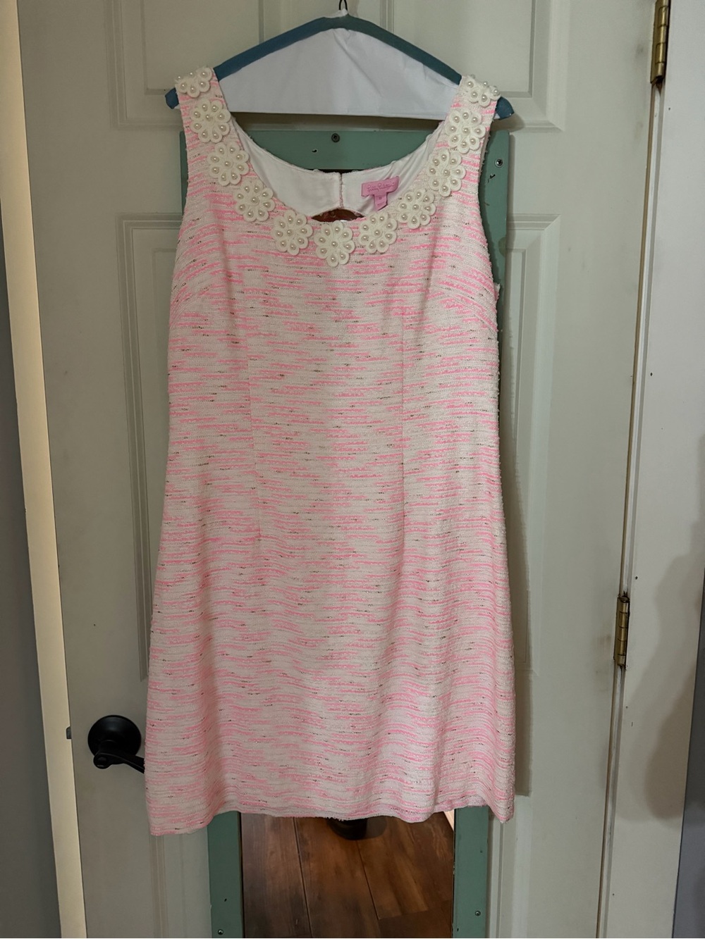 Lilly Pulitzer Pink & White Tweed Shift Dress with Pearl Flower Neckline